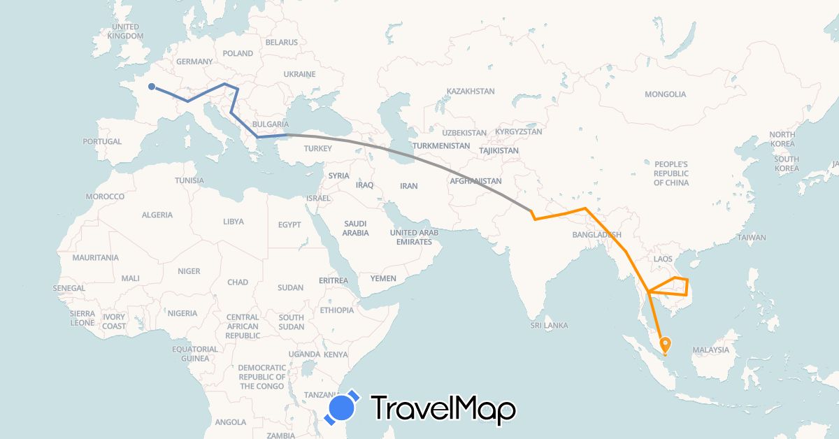 TravelMap itinerary: driving, plane, cycling, hitchhiking in Austria, Bosnia and Herzegovina, China, France, Greece, Hungary, India, Italy, Laos, Myanmar (Burma), Nepal, Singapore, Thailand, Turkey, Vietnam (Asia, Europe)